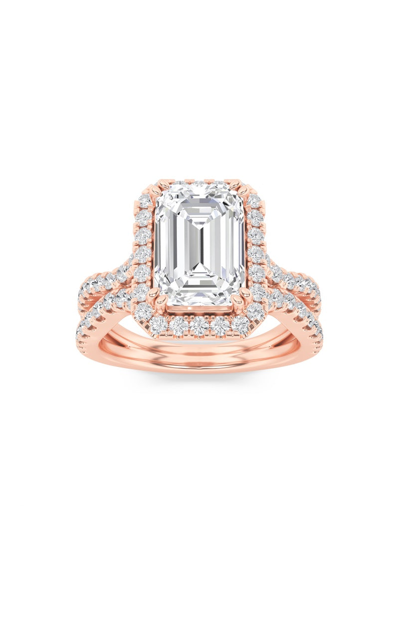 4CTW Emerald Shaped Lab Grown Diamond (F/VS) Split Shank Halo Engagement Ring in 14K Gold