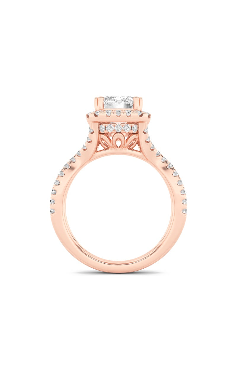 4Cttw Emerald Shaped Lab Grown Diamond (F/VS) Split Shank Halo Engagement Ring in 14K Gold