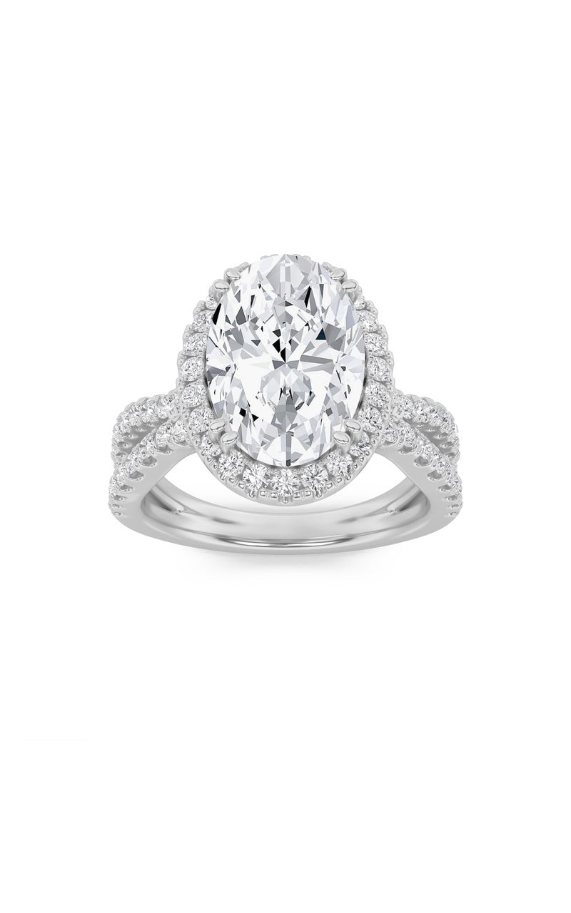 4CTW Oval Shaped Lab Grown Diamond (F/VS) Split Shank Halo Engagement Ring in 14K Gold, F