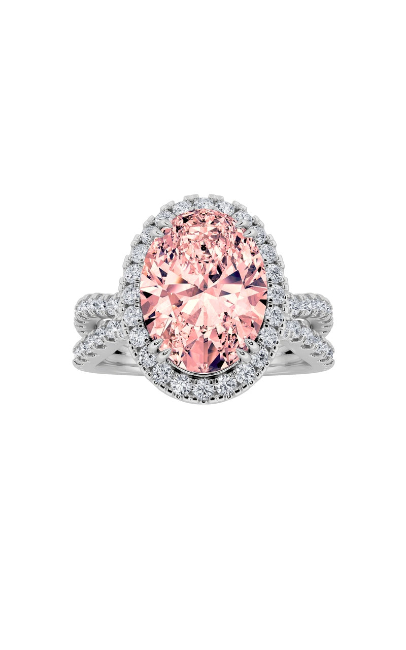 4CTW Oval Shaped Lab Grown Diamond (F/VS) Split Shank Halo Engagement Ring in 14K Gold, Pink