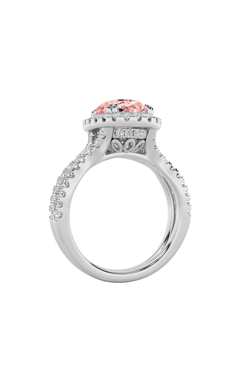 4CTW Oval Shaped Lab Grown Diamond (F/VS) Split Shank Halo Engagement Ring in 14K Gold