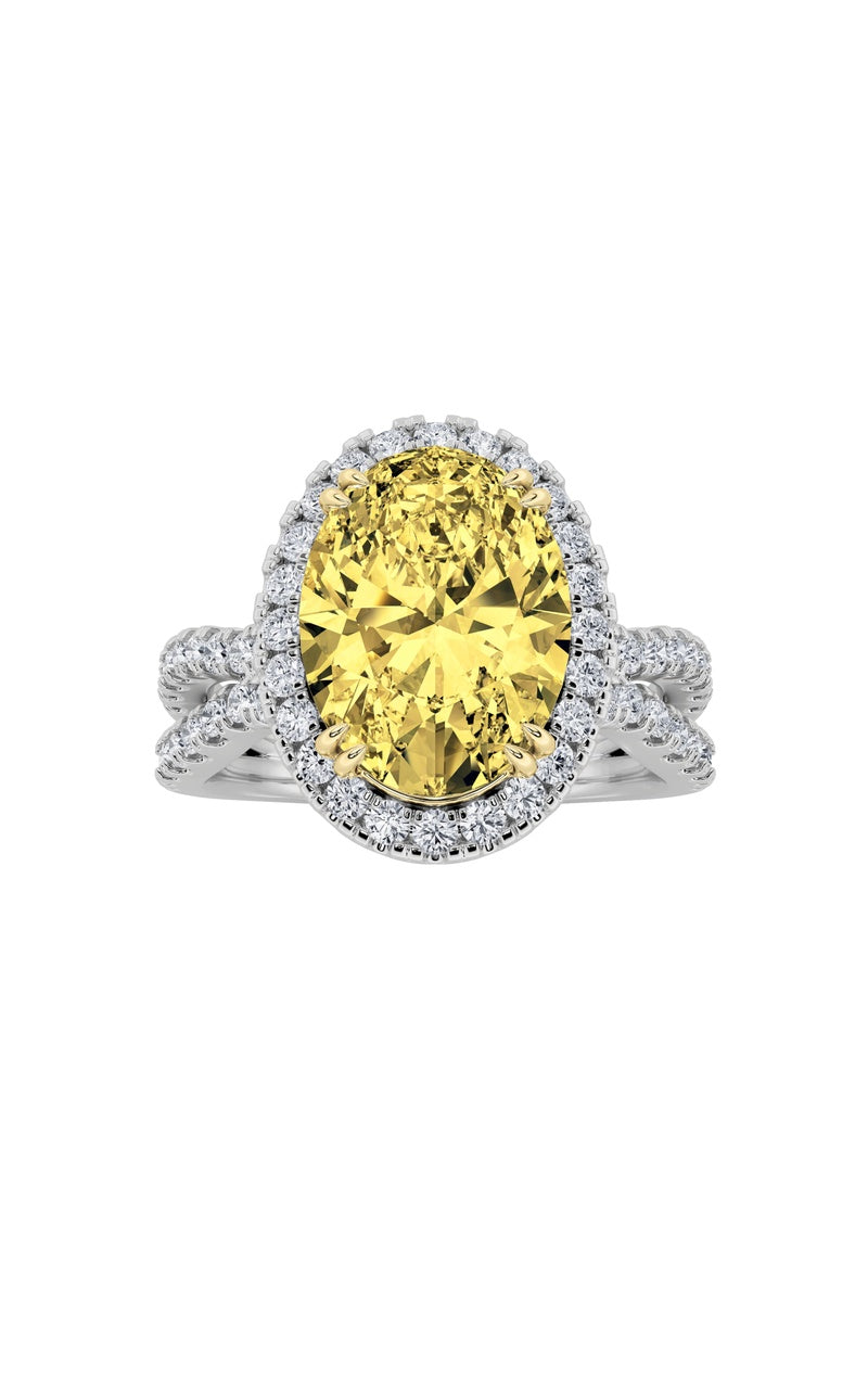 4CTW Oval Shaped Lab Grown Diamond (F/VS) Split Shank Halo Engagement Ring in 14K Gold