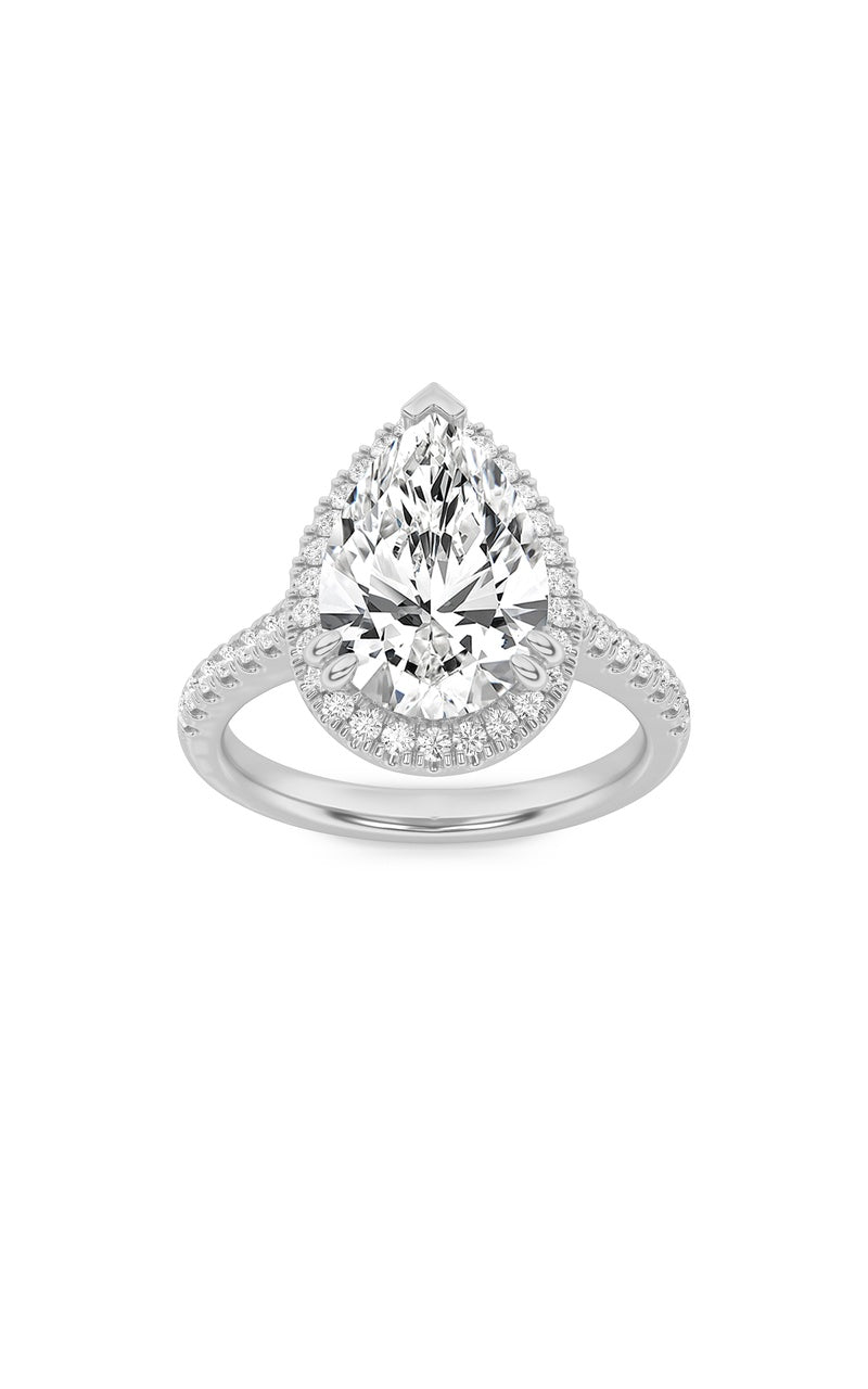 3Cttw Pear Shaped Lab Grown Diamond (F/VS) ClassicHalo Accented Engagement Ring in 14K Gold