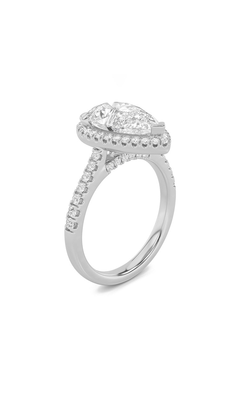3Cttw Pear Shaped Lab Grown Diamond (F/VS) ClassicHalo Accented Engagement Ring in 14K Gold