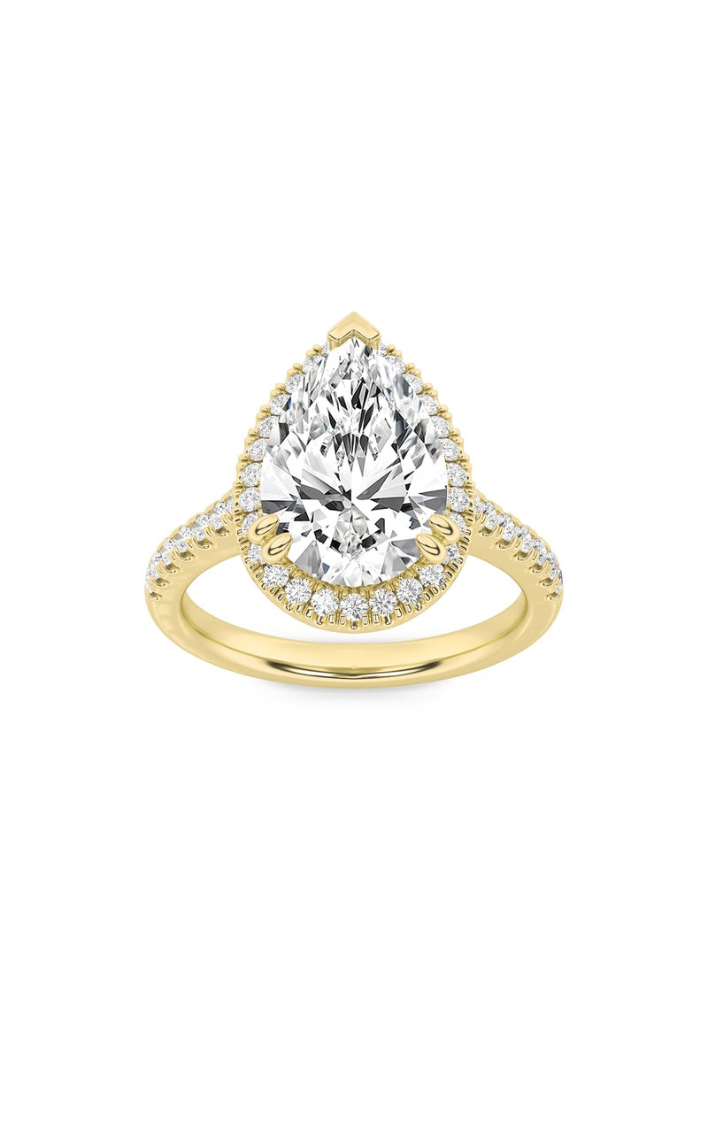3Cttw Pear Shaped Lab Grown Diamond (F/VS) ClassicHalo Accented Engagement Ring in 14K Gold