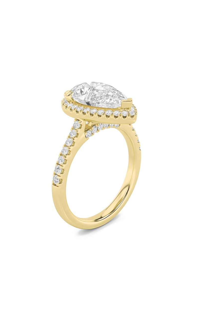 3Cttw Pear Shaped Lab Grown Diamond (F/VS) ClassicHalo Accented Engagement Ring in 14K Gold