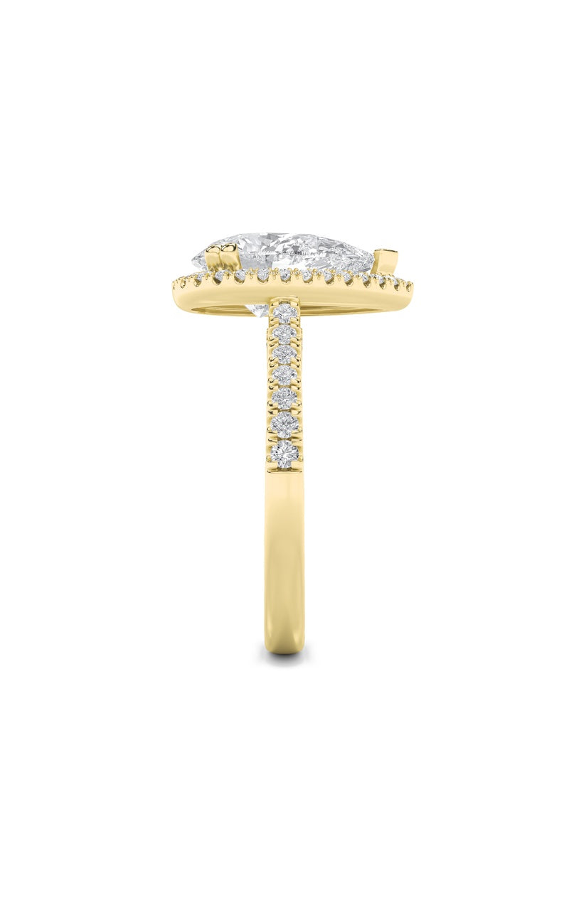 3Cttw Pear Shaped Lab Grown Diamond (F/VS) ClassicHalo Accented Engagement Ring in 14K Gold