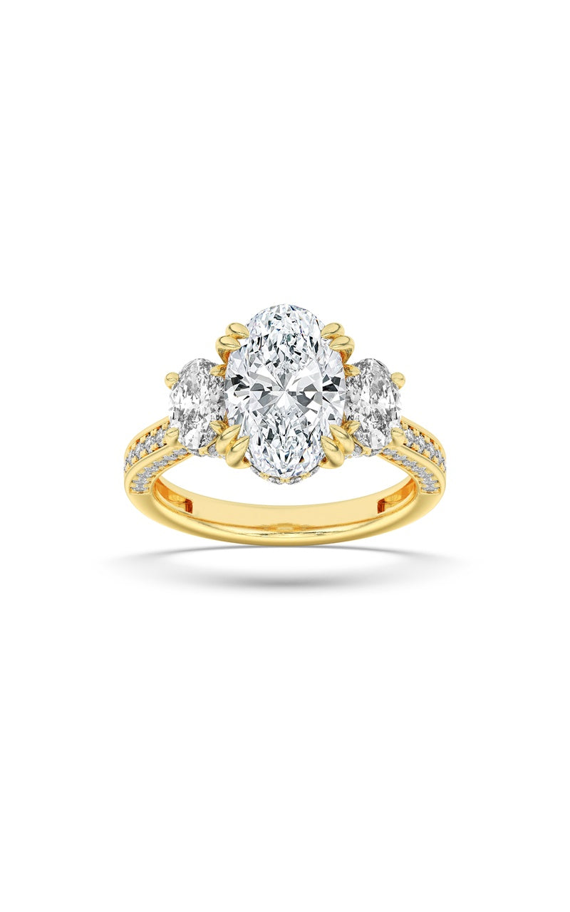 5CTW Oval Shaped Lab Grown Diamond (F/VS) Three Stone Accented Engagement Ring in 14K Gold, 14K Yellow Gold