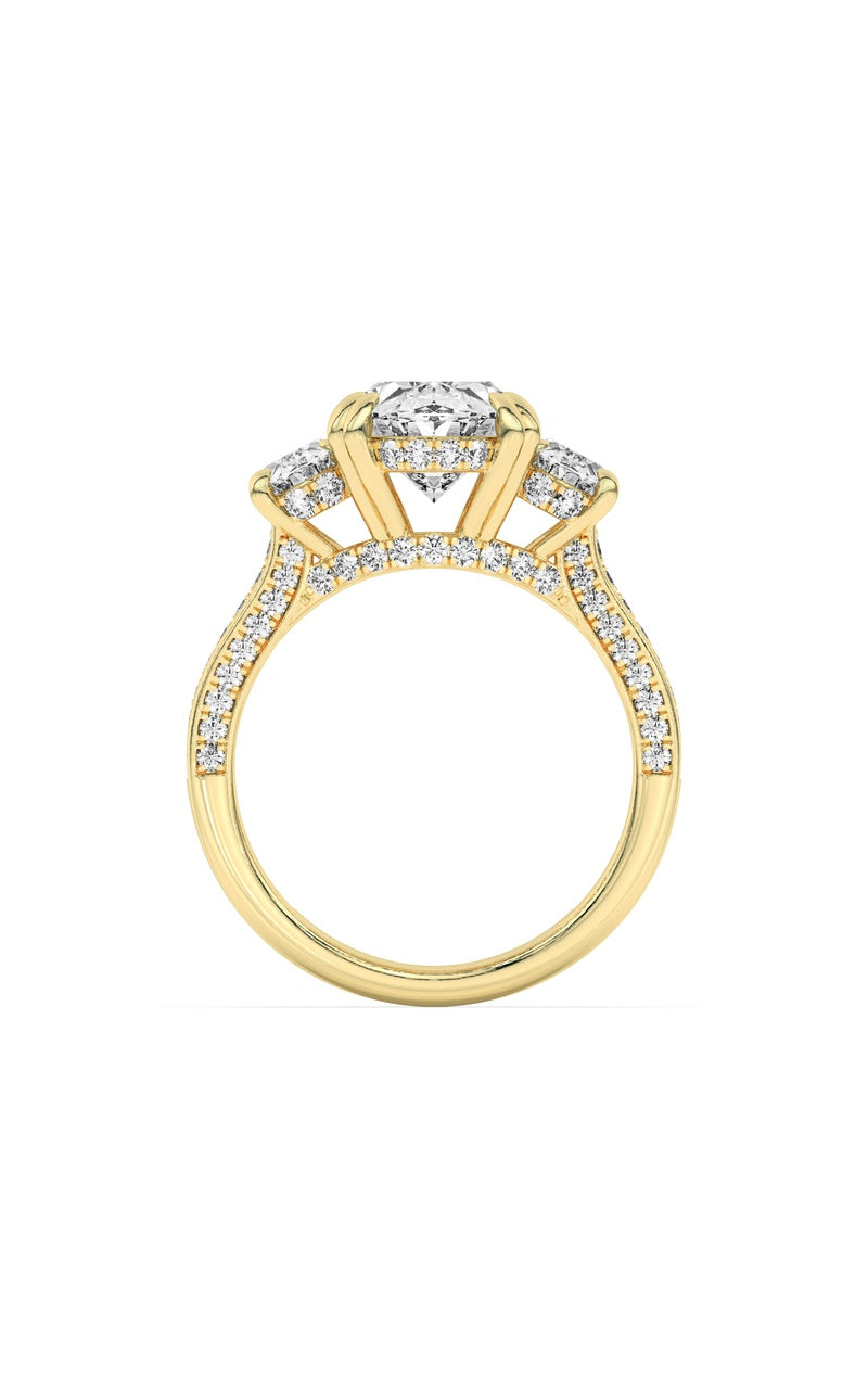5CTW Oval Shaped Lab Grown Diamond (F/VS) Three Stone Accented Engagement Ring in 14K Gold