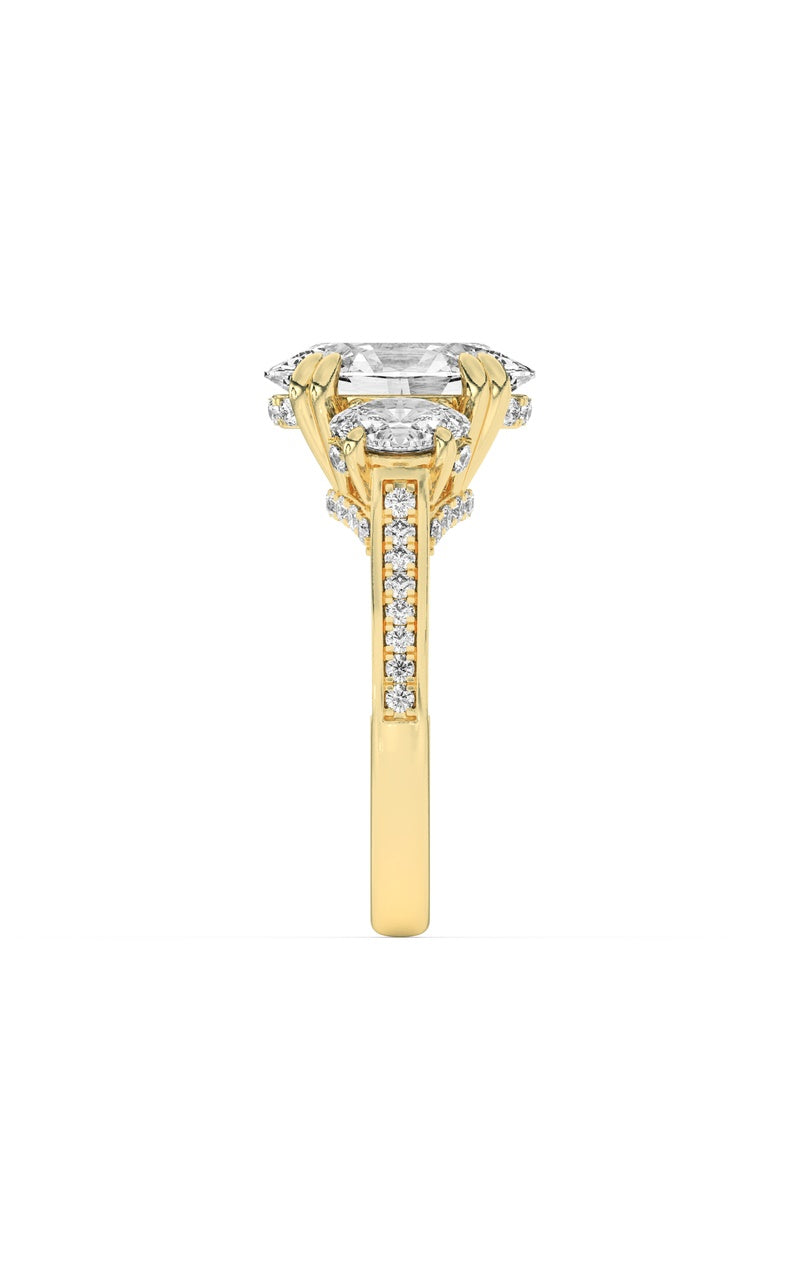 5CTW Oval Shaped Lab Grown Diamond (F/VS) Three Stone Accented Engagement Ring in 14K Gold