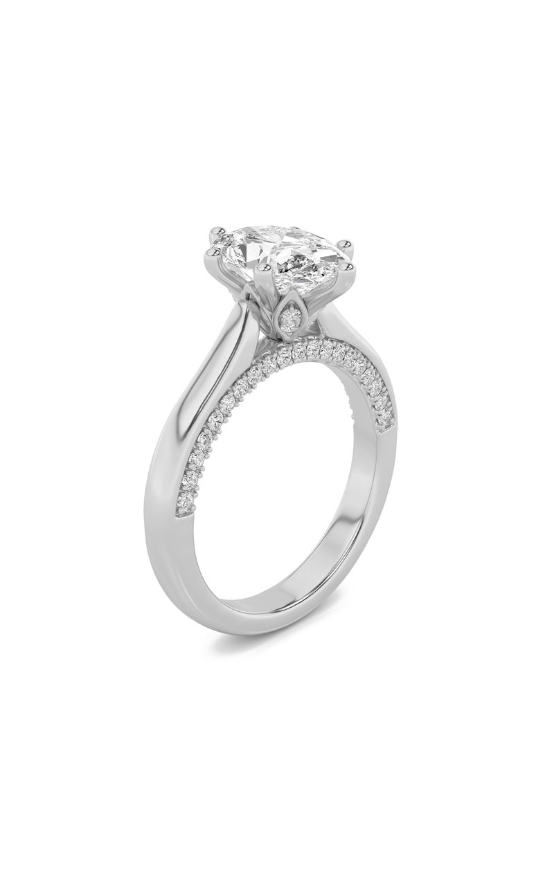 2CTW Oval Shaped Lab Grown Diamond (F/VS) Tulip Motif Accented Engagement Ring in 14K Gold