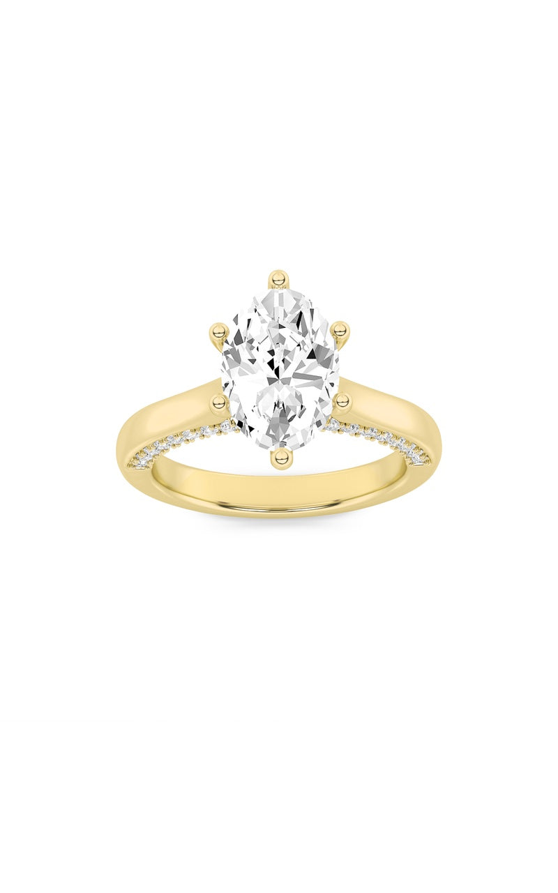 2CTW Oval Shaped Lab Grown Diamond (F/VS) Tulip Motif Accented Engagement Ring in 14K Gold