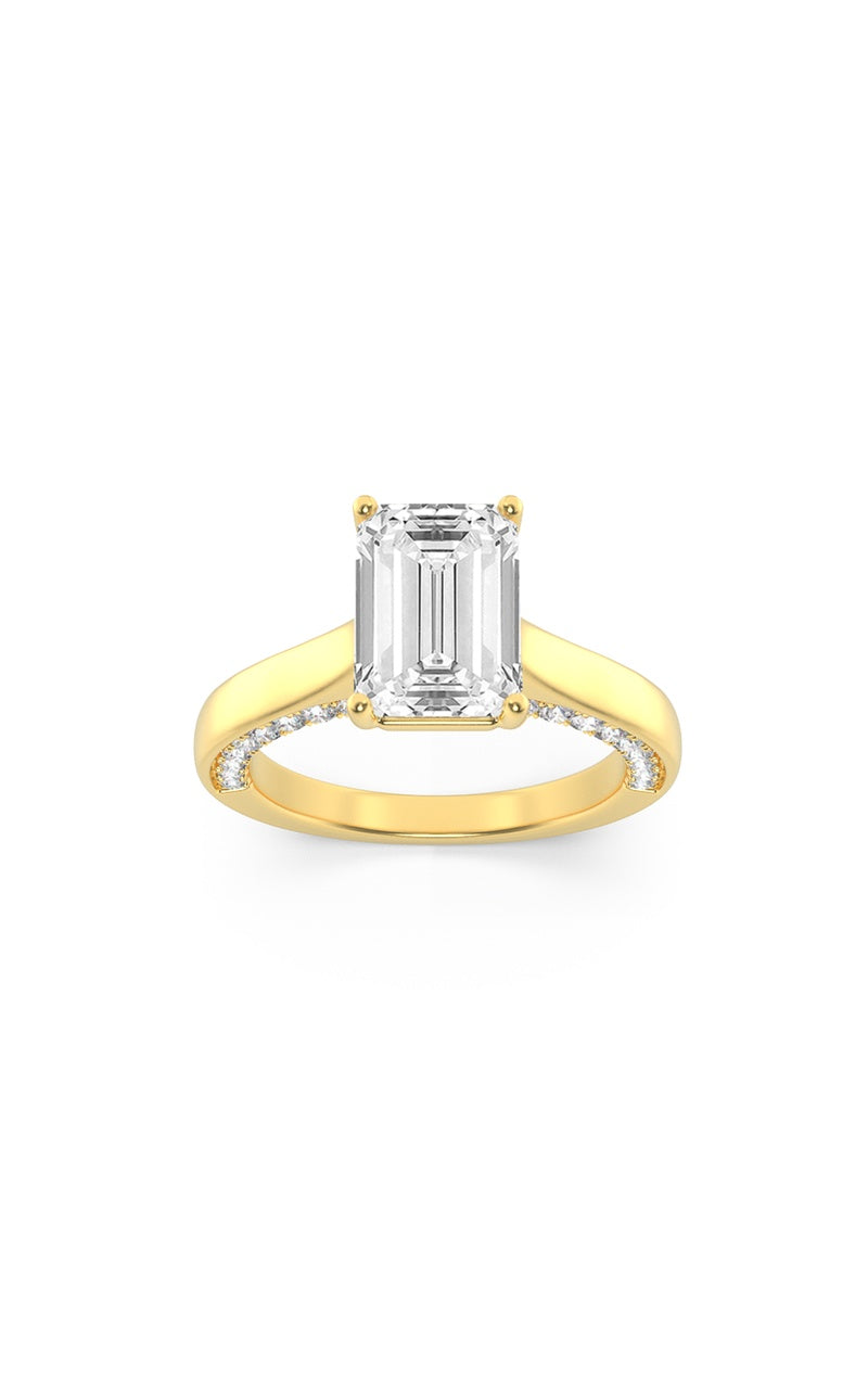 2CTW Emerald Shaped Lab Grown Diamond (G/VS) Accented Bridge Shank Engagement Ring in 14K Gold