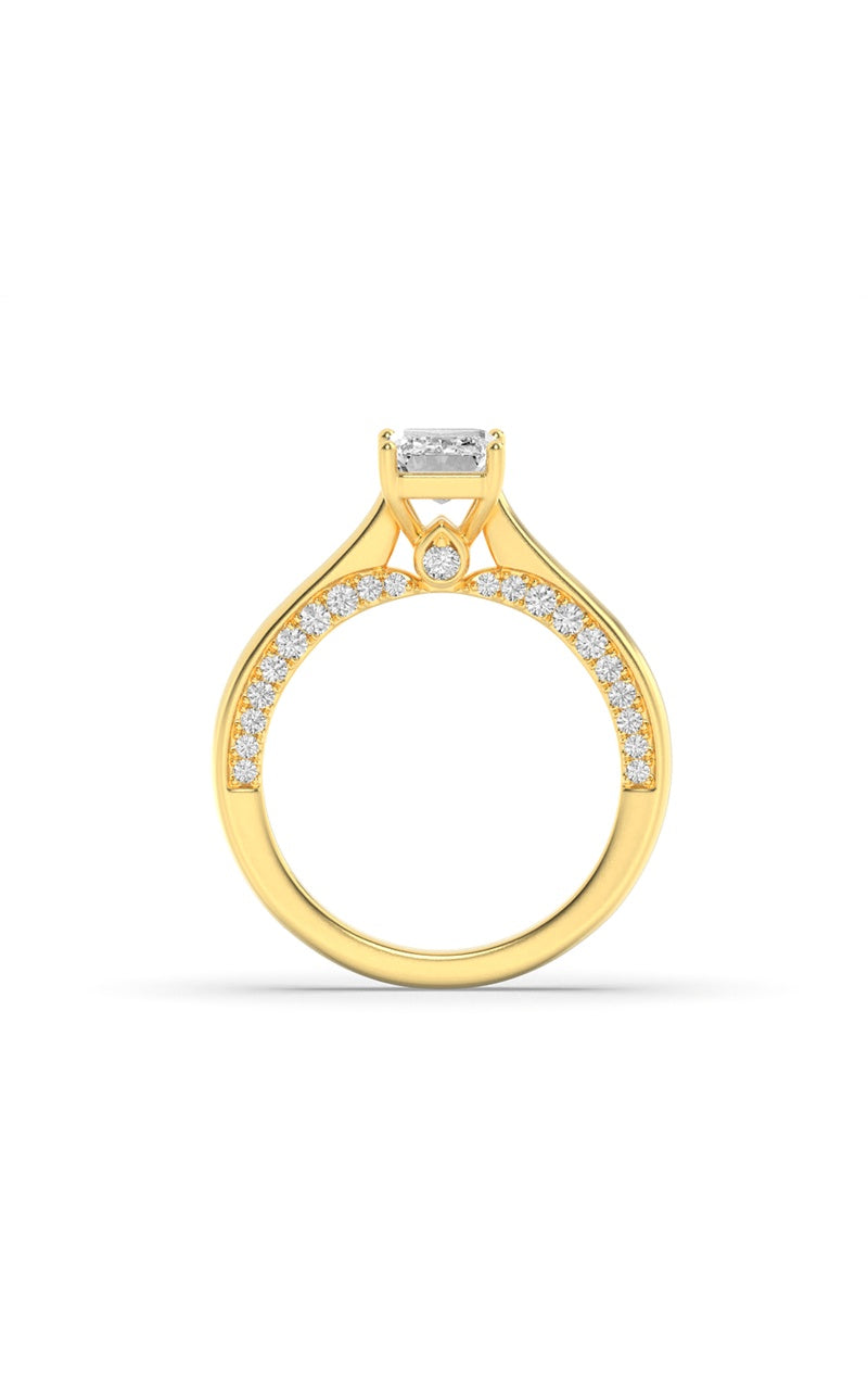 2CTW Emerald Shaped Lab Grown Diamond (G/VS) Accented Bridge Shank Engagement Ring in 14K Gold, 14K Yellow Gold