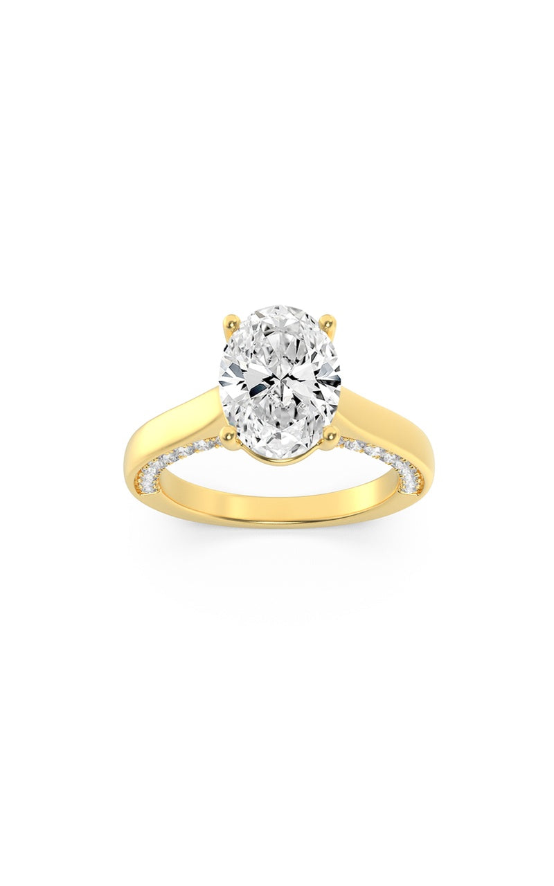 2CTW Oval Shaped Lab Grown Diamond (F/VS) Accented Bridge Shank Engagement Ring in 14K Gold, 14K Yellow Gold