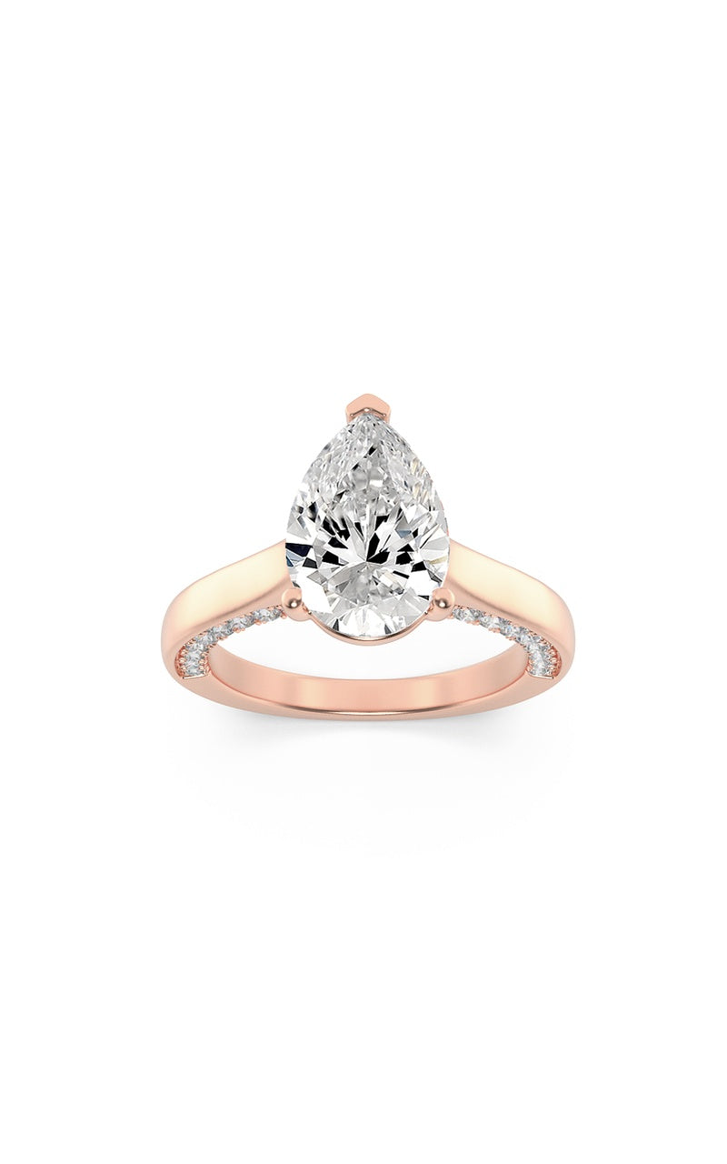 2CTW Pear Shaped Lab Grown Diamond (F/VS) Accented Bridge Shank Engagement Ring in 14K Gold, 14K Rose Gold