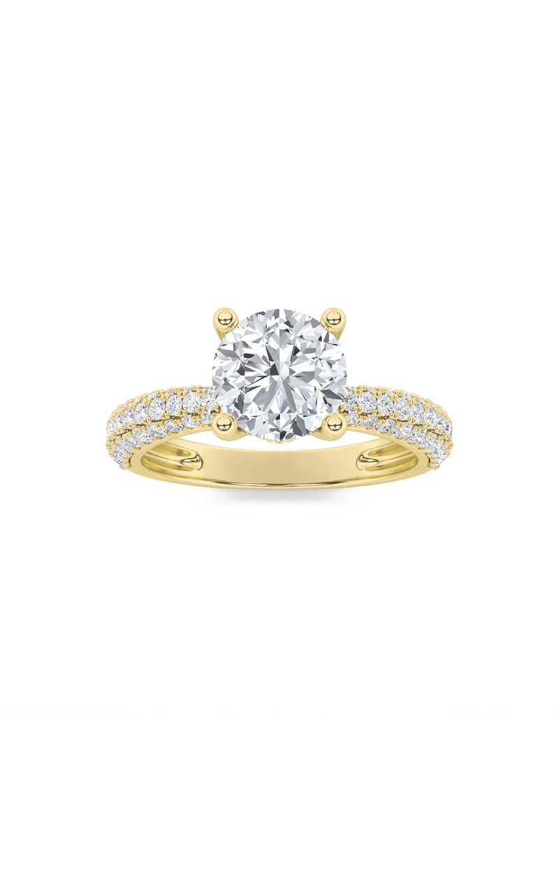 2CTW Round Shaped Lab Grown Diamond (F/VS) Three Row Micro Pave Engagement Ring in 14K Gold, 14K Yellow Gold