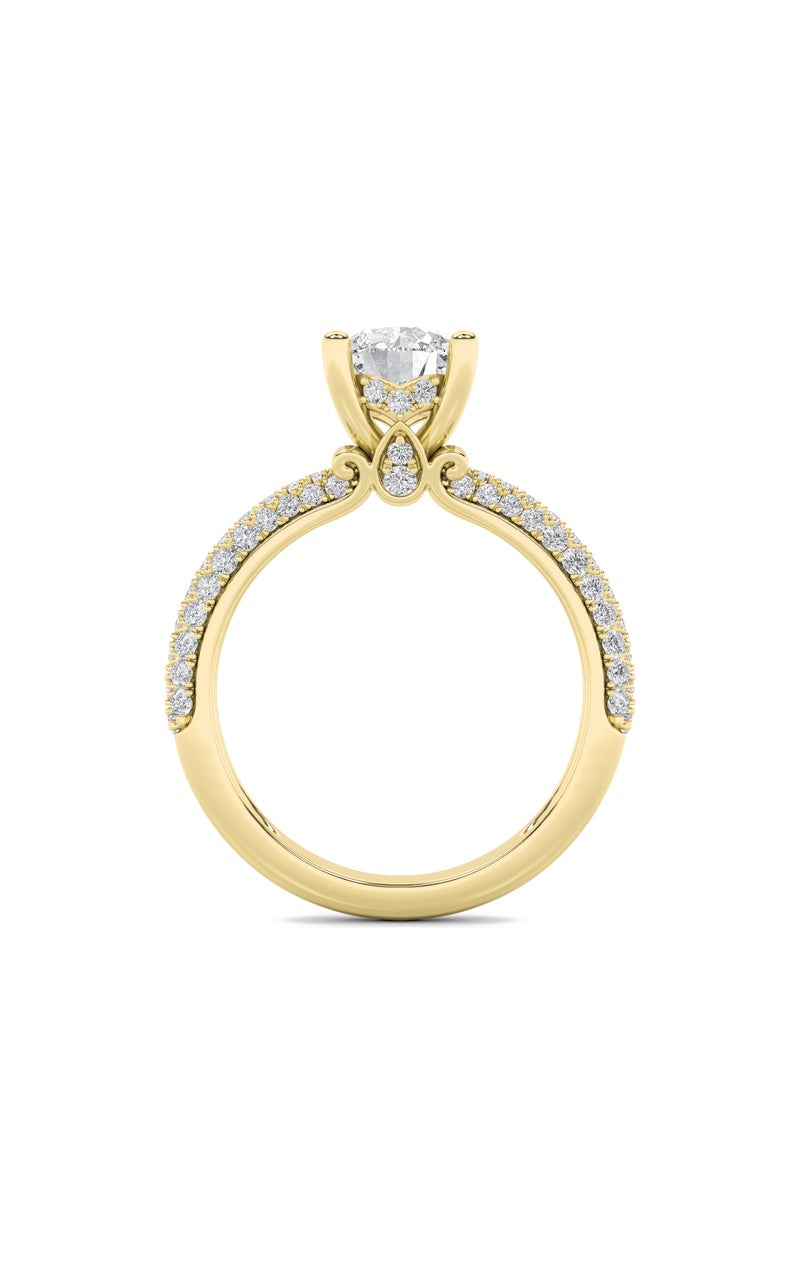 2CTW Round Shaped Lab Grown Diamond (F/VS) Three Row Micro Pave Engagement Ring in 14K Gold