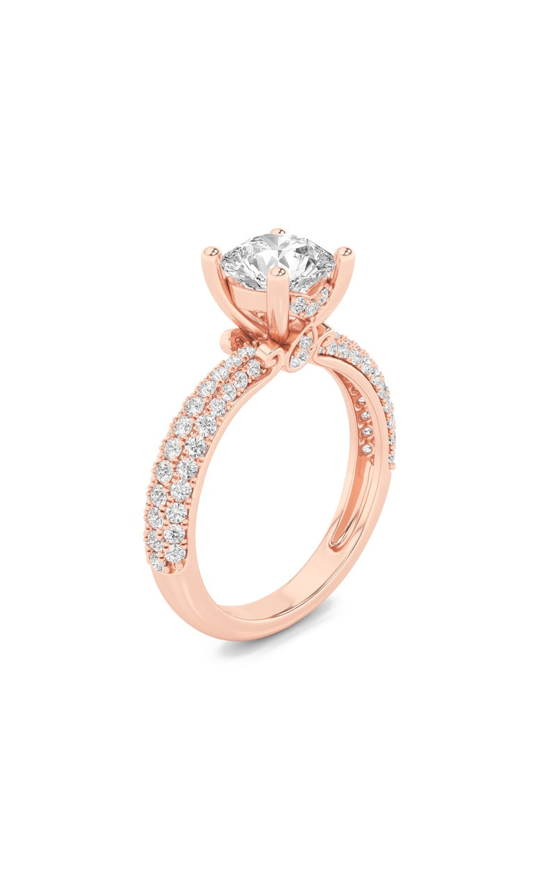 2CTW Round Shaped Lab Grown Diamond (F/VS) Three Row Micro Pave Engagement Ring in 14K Gold, 14K Rose Gold