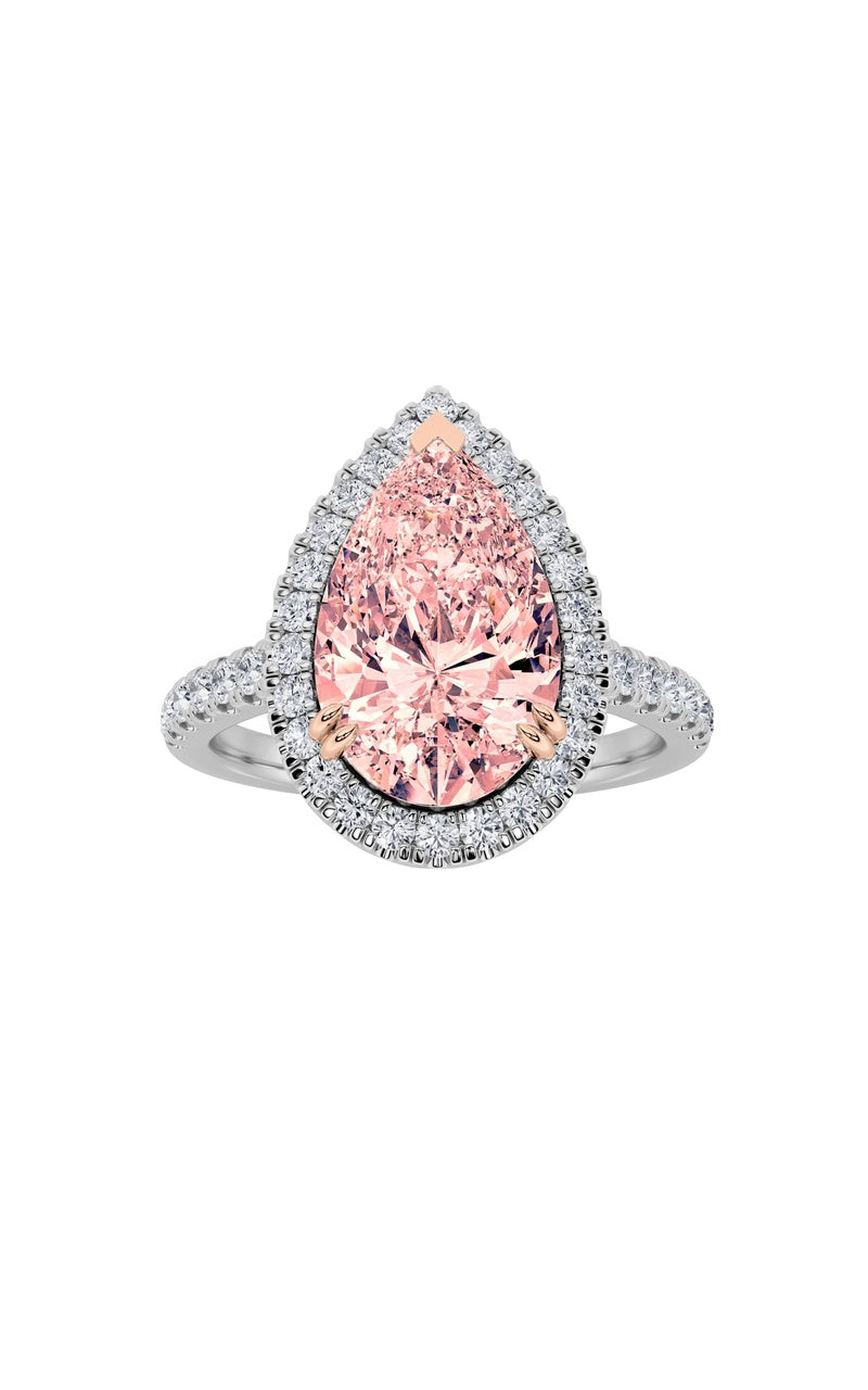 3Cttw Pear Shaped Lab Grown Diamond (F/VS) Bolld Accented Halo Engagement Ring in 14K Gold