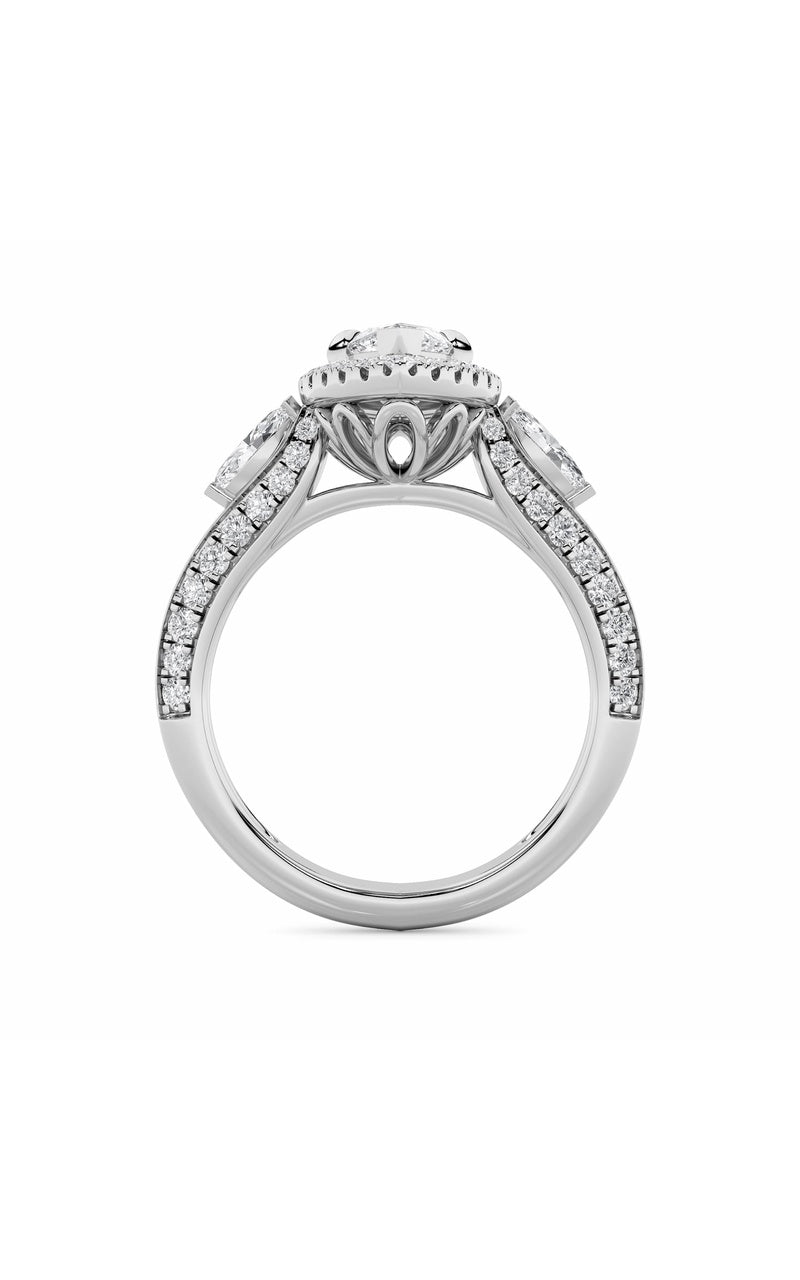 3Cttw Marquise Shaped Lab Grown Diamond (F/VS) Three Stone Halo Enagement Ring in 14K Gold
