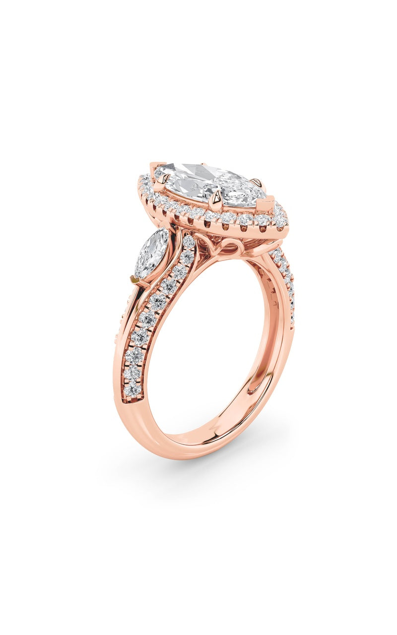 3CTW Marquise Shaped Lab Grown Diamond (F/VS) Three Stone Halo Enagement Ring in 14K Gold