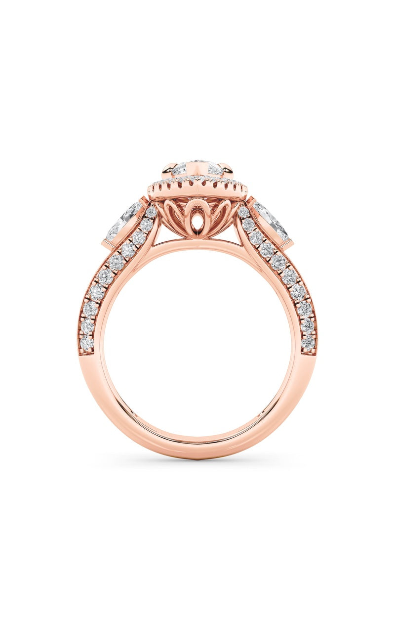 3Cttw Marquise Shaped Lab Grown Diamond (F/VS) Three Stone Halo Enagement Ring in 14K Gold