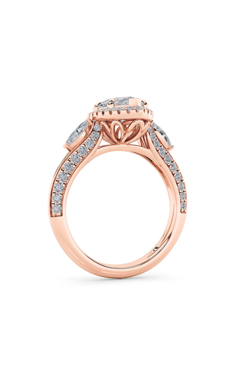 3Cttw Marquise Shaped Lab Grown Diamond (F/VS) Three Stone Halo Enagement Ring in 14K Gold