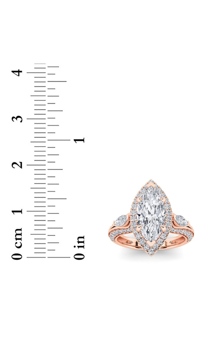 3Cttw Marquise Shaped Lab Grown Diamond (F/VS) Three Stone Halo Enagement Ring in 14K Gold