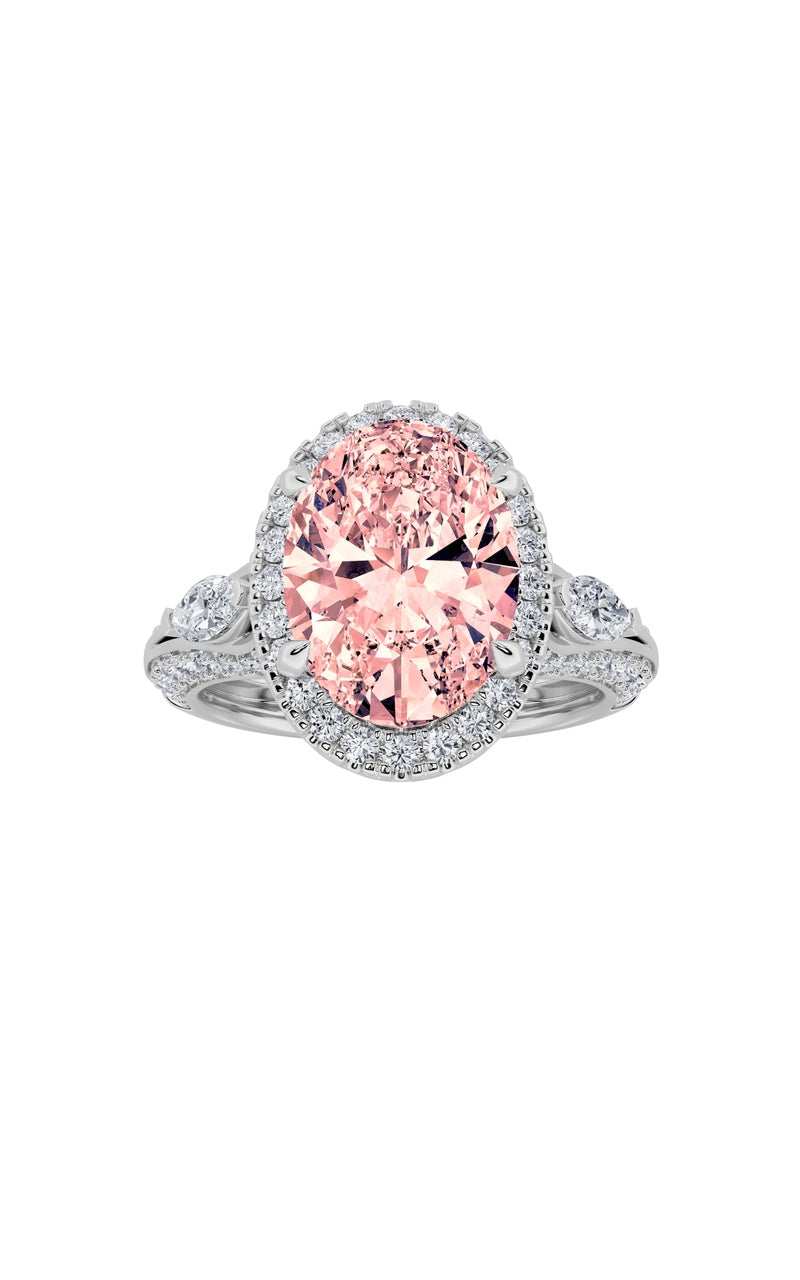 3Cttw Oval Shaped Lab Grown Diamond (F/VS) Three Stone Halo Enagement Ring in 14K Gold