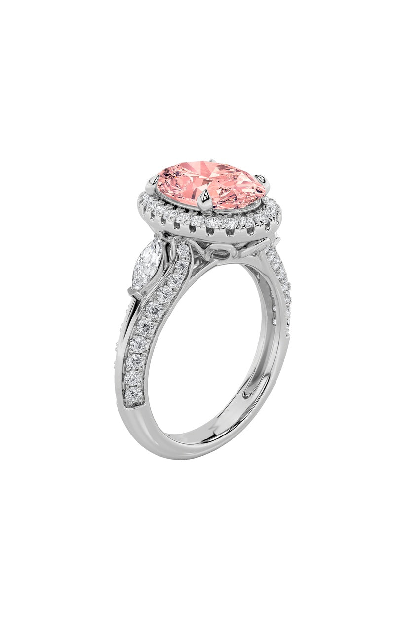 3Cttw Oval Shaped Lab Grown Diamond (F/VS) Three Stone Halo Enagement Ring in 14K Gold