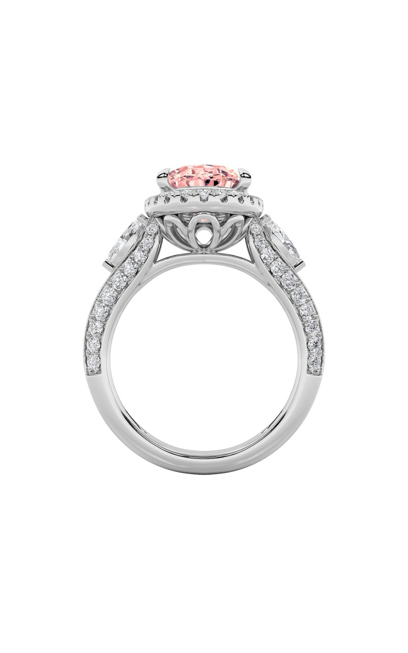 3Cttw Oval Shaped Lab Grown Diamond (F/VS) Three Stone Halo Enagement Ring in 14K Gold