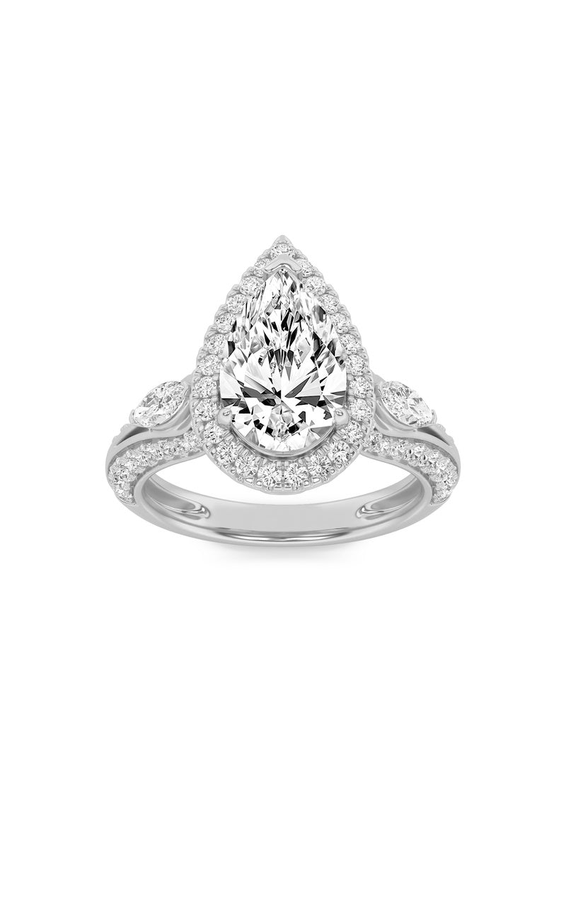 3Cttw Pear Shaped Lab Grown Diamond (F/VS) Three Stone Halo Enagement Ring in 14K Gold