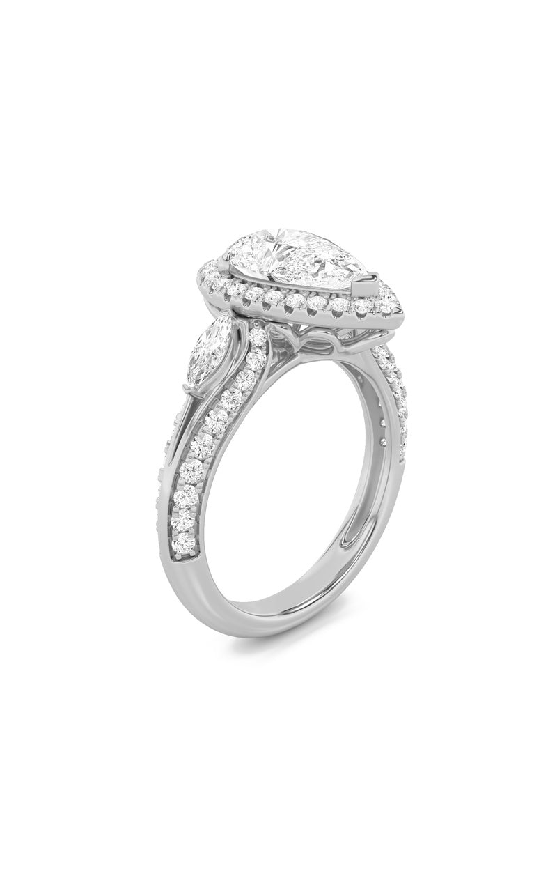 3Cttw Pear Shaped Lab Grown Diamond (F/VS) Three Stone Halo Enagement Ring in 14K Gold