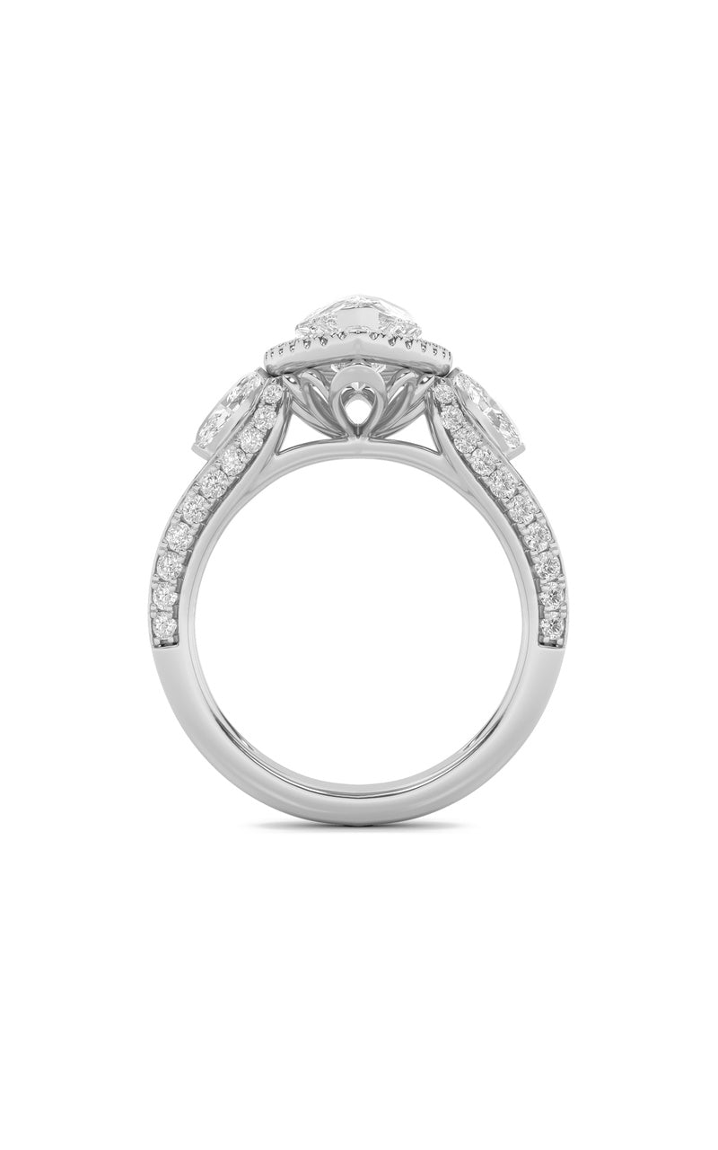 3Cttw Pear Shaped Lab Grown Diamond (F/VS) Three Stone Halo Enagement Ring in 14K Gold