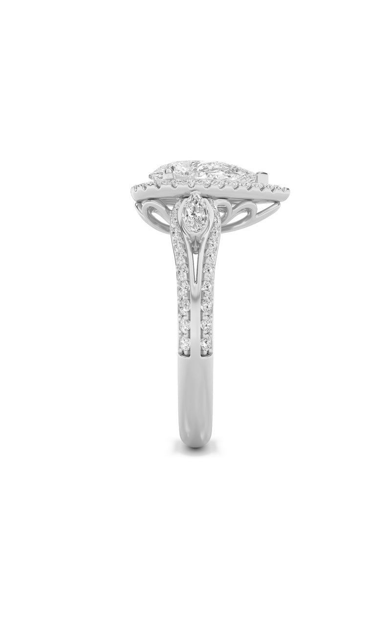 3CTW Pear Shaped Lab Grown Diamond (F/VS) Three Stone Halo Enagement Ring in 14K Gold