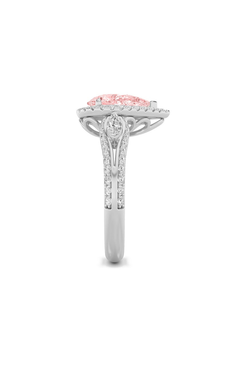 3CTW Pear Shaped Lab Grown Diamond (F/VS) Three Stone Halo Enagement Ring in 14K Gold