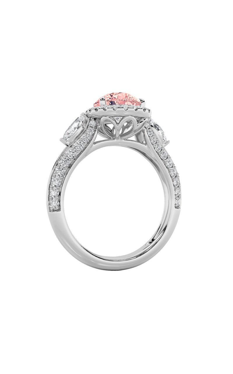3Cttw Pear Shaped Lab Grown Diamond (F/VS) Three Stone Halo Enagement Ring in 14K Gold
