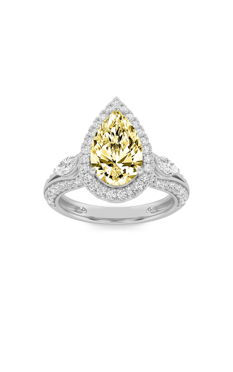 3CTW Pear Shaped Lab Grown Diamond (F/VS) Three Stone Halo Enagement Ring in 14K Gold