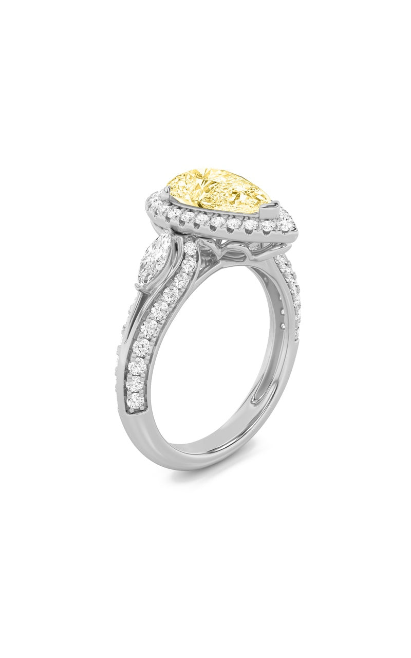 3CTW Pear Shaped Lab Grown Diamond (F/VS) Three Stone Halo Enagement Ring in 14K Gold