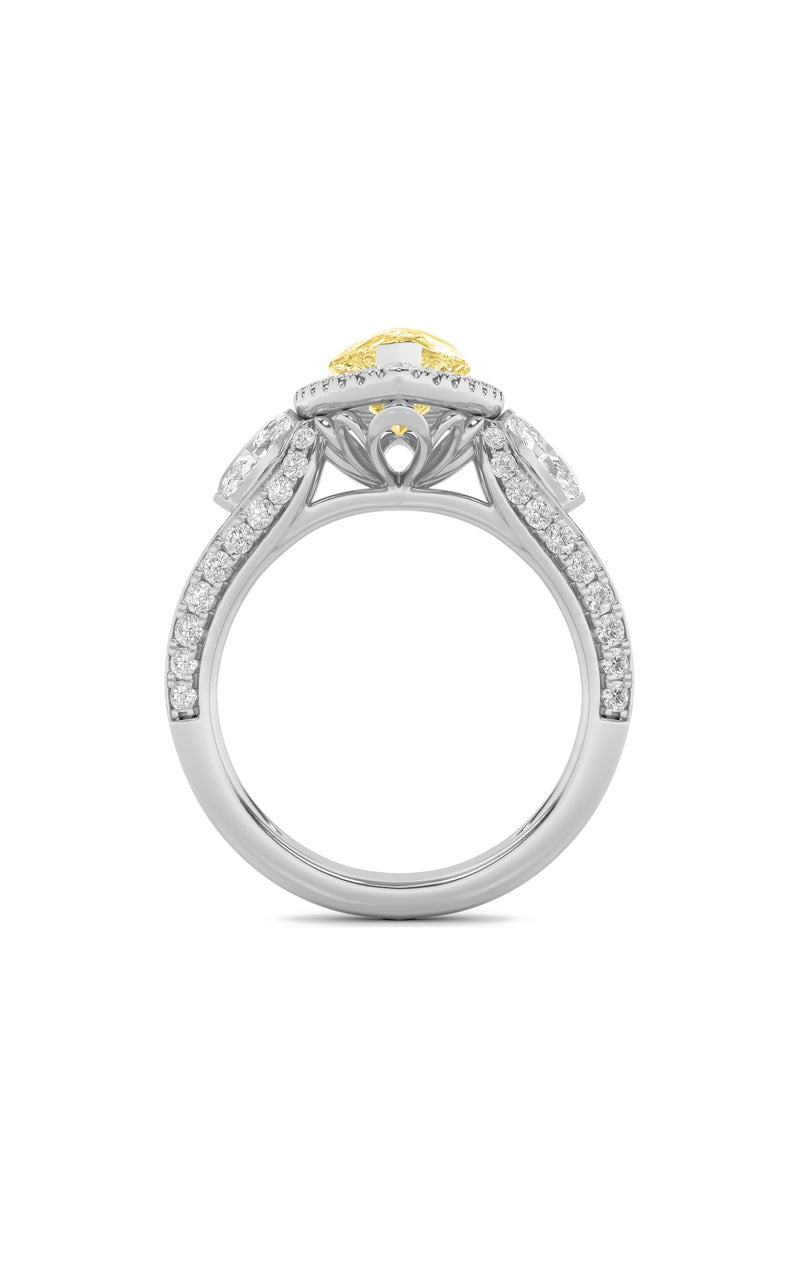 3Cttw Pear Shaped Lab Grown Diamond (F/VS) Three Stone Halo Enagement Ring in 14K Gold