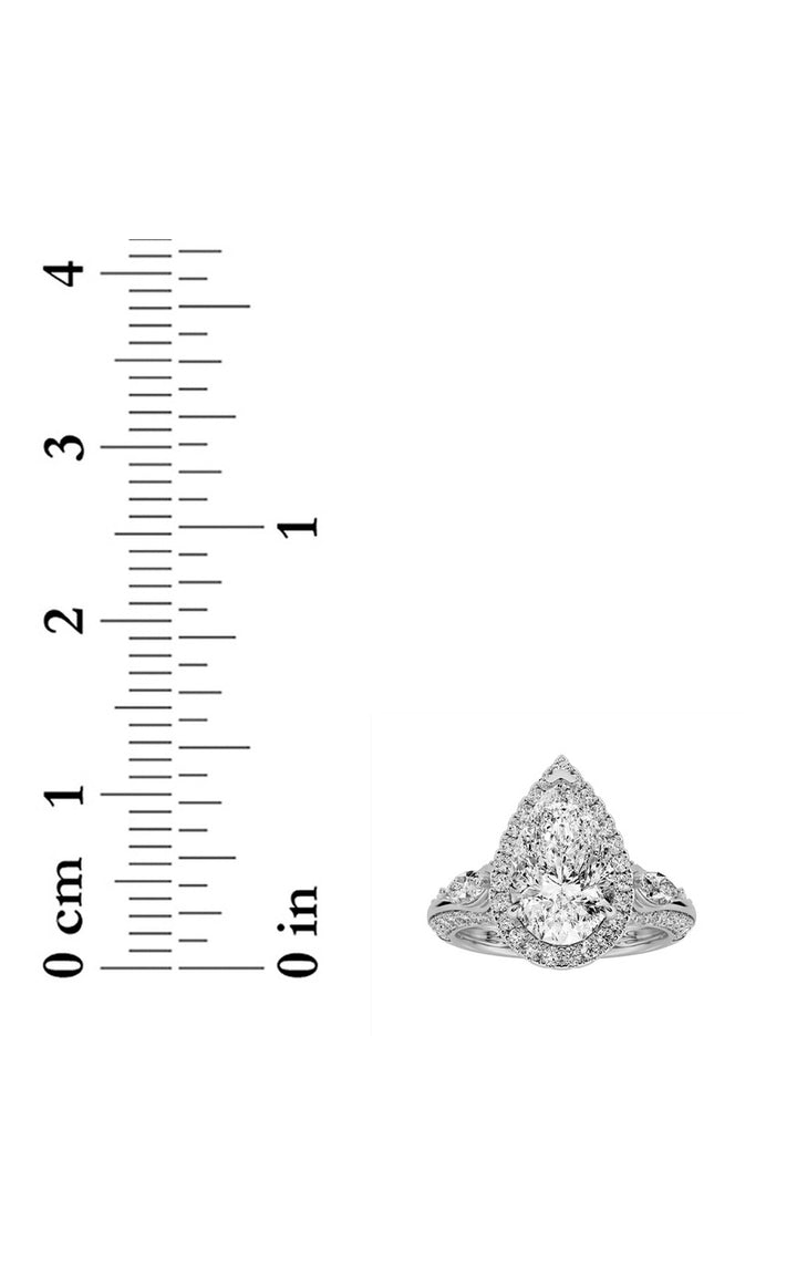 3Cttw Pear Shaped Lab Grown Diamond (F/VS) Three Stone Halo Enagement Ring in 14K Gold