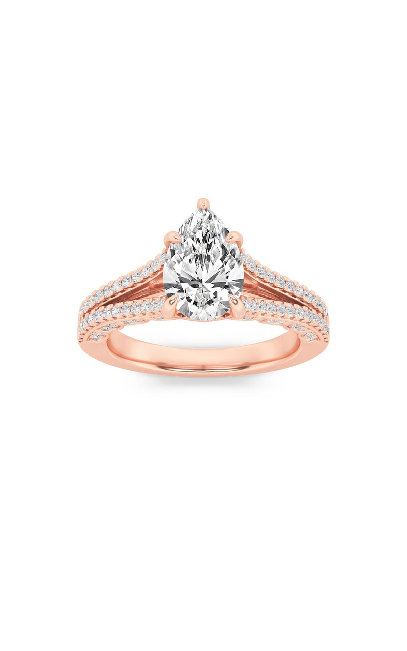 2CTW Pear Shaped Lab Grown Diamond (F/VS) Split Shank Accented Engagement Ring in 14K Gold