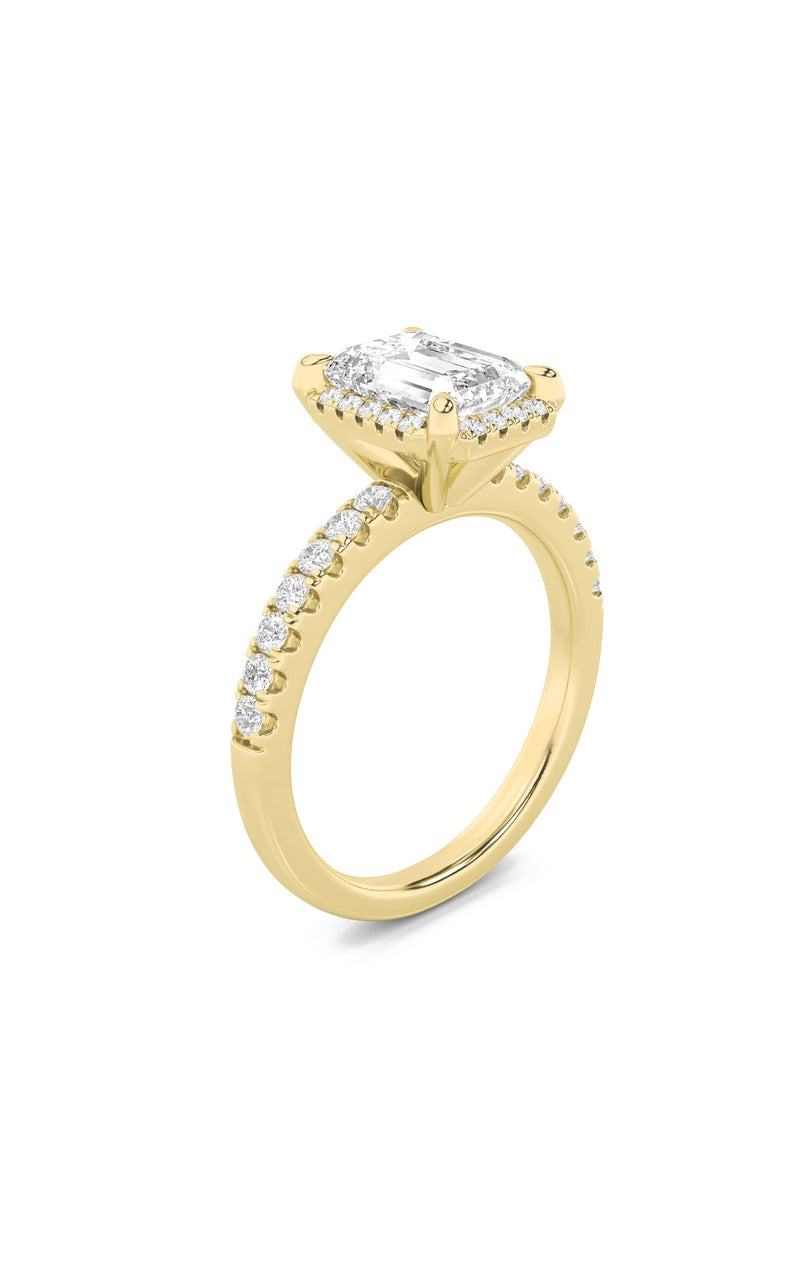2CTW Emerald Shaped Lab Grown Diamond (F/VS) Halo Accented Engagement Ring in 14K Gold