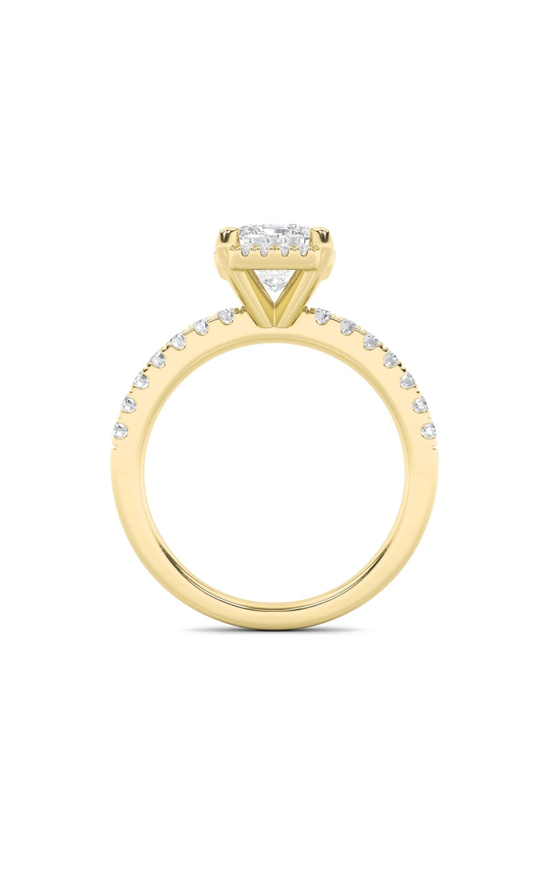 2CTW Emerald Shaped Lab Grown Diamond (F/VS) Halo Accented Engagement Ring in 14K Gold