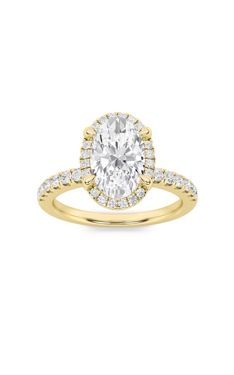2CTW Oval Shaped Lab Grown Diamond (F/VS) Halo Accented Engagement Ring in 14K Gold, 14K Yellow Gold