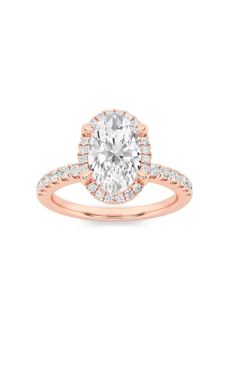 2CTW Oval Shaped Lab Grown Diamond (F/VS) Halo Accented Engagement Ring in 14K Gold, 14K Rose Gold