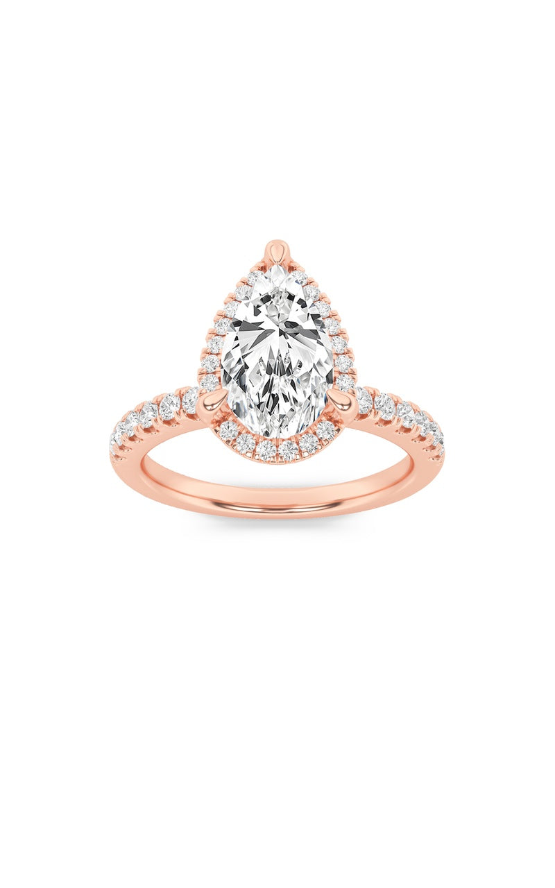 2CTW Pear Shaped Lab Grown Diamond (F/VS) Halo Accented Engagement Ring in 14K Gold, 14K Rose Gold