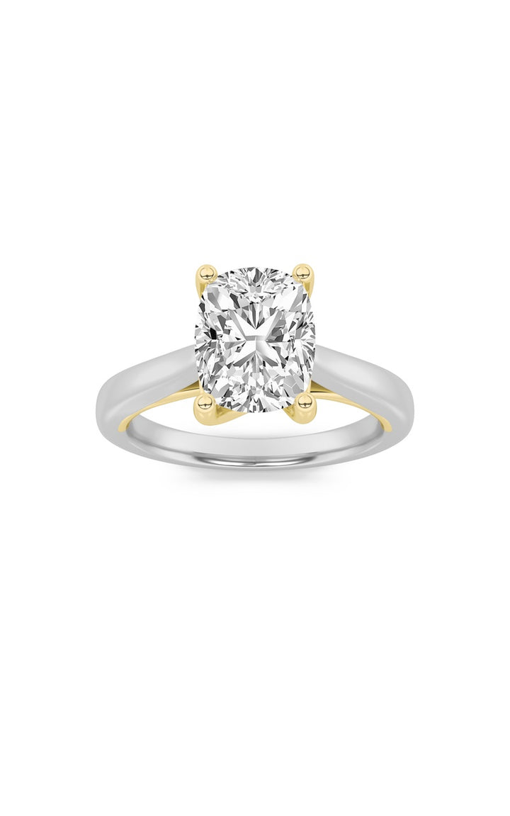 2.5Cttw Elongated Cushion Shaped Lab Grown Diamond(F/VS) Two Tone Cathedral Shank Engagement Ring in 14K Gold