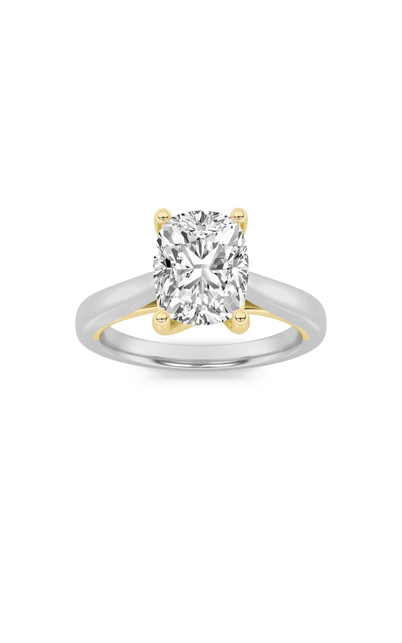 3Cttw Elongated Cushion Shaped Lab Grown Diamond (F/VS) Two Tone Cathedral Shank Engagement Ring in14K Gold